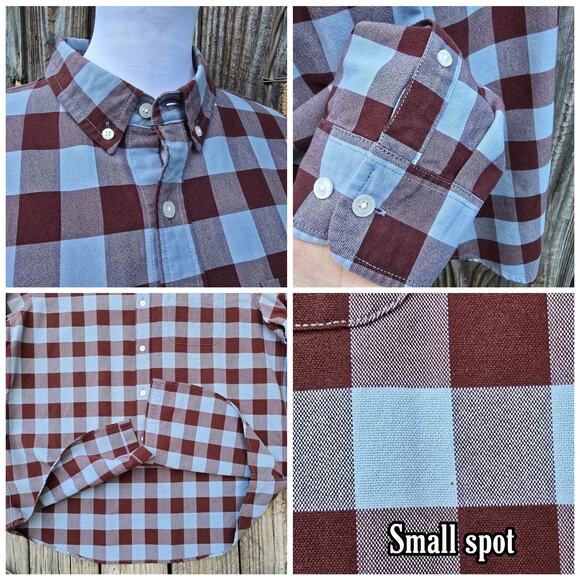 Buffalo Check Shirt LL Bean Signature Size L Slim Fit Blue Brown LS Button Front - Picture 5 of 8